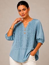 economico Top in Pizzo-Per donna Camicia Top con cuciture in pizzo Ricamato Floreale Elegante Bohemien Etnico Manica 3/4 Scollo a V Top lunghi Casuale Quotidiano Uscire Blu Arancione Verde Primavera Autunno