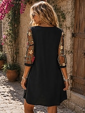 economico Vestito bianco-Per donna Mini Abito Abito a trapezio Boho Quotidiano Tinta unica Manica 3/4 Girocollo Nero Vino Verde Blu Estate Primavera Autunno