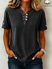 economico Bluse Semplici-softfade™ maglietta henley da donna 100% cotone stile vintage alla moda elegante maniche corte top lunghi casual spiaggia blu rosa grigio estate primavera