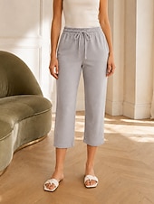 preiswerte Unterteile-Damen Caprihose Hose aus Baumwollleinen Chinos Sommershorts Urlaub Basic Lässig Knöchellang Hohe Taille Einfach Tasche Elastischer Bund Bequem Weich Dehnbar Täglich Outdoor Straße Marineblau Khaki