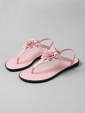 cheap Flat Sandals-Women's Green Floral T-Strap Flat Sandals with Elastic Slingback - Summer Thong Sandals for Vacation, Travel, Casual Walking and Everyday Wear