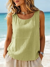 abordables Tanque Sencillo-Mujer Chaleco de lino y algodón Frunce Textura Color sólido Vintage Sin Mangas Camiseta con cuello redondo Tops regulares Blanco Negro Verde Claro Rosa Gris Claro Verano Primavera