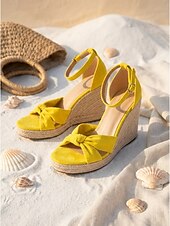 baratos Sandálias de espadrille-Sandálias espadrille femininas amarelas com plataforma e laço - sapatos sensuais de camurça com tira no tornozelo, perfeitos para férias na praia.