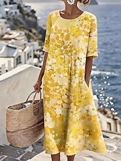  Women's Midi Dress Sundress A Line Dress Summer Dress Fit And Flare Dress Vacation Party Casual Daily Office Beach Loose Fit Graphic Half Sleeve Crew Neck Blue Yellow Pink Brown Summer Spring Fall