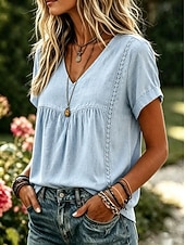  Mulheres Camisa Social Camisas de algodão e linho Côr Sólida Boêmia Férias Vintage Sem Manga Manga Curta Decote V Tops regulares Casual Azul Branco Amarelo Rosa Verão Primavera