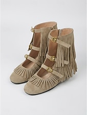 abordables Donne-Women's Brown Suede Festival Boots - Flat Boho Fringe Ankle Boots with Triple Buckle Straps for Coachella Rave &amp; Country Music Concert