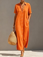  Damen Knielanges Kleid Baumwoll-Leinen-Kleider Vintage Täglich Urlaub Normale Passform Einfach Kurzarm Hemdkragen Weiß Orange Grün Sommer