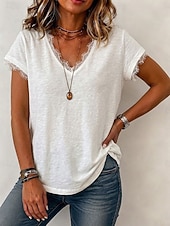  Mulheres Camiseta T-shirt Renda Patchwork Côr Sólida Elegante à moda Manga Curta Decote V Tops regulares Casual Branco Verão Primavera