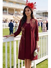 billiga Te Längd-Tvådelad Skimmer Pelare Knälång Prom Klänning Festklänning Cocktailklänning Mors Dag Klänning Lång ärm Rundhals Elegant Vintage Fest med Broderi