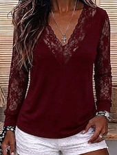  Dam Spets Splicing Top Blus Rynkad Spetskant Slät Elegant Vintage Stylish Långärmad V-hals Långa toppar Ledigt Dagligen Helgdag Svart Vin Marinblå Vinter