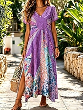  Femmes Robe Midi Robe T-Shirt Robe trapèze Occasionnel Coupe régulière Fleuri Graphique Manche Courte Col en V Bleu Rose Claire Violet Orange Été Printemps