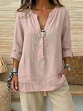 economico Camicie-Camicie da donna 100% cotone con bottoni, tinta unita, vintage, maniche lunghe, scollo a V, top lunghi, casual, rosa chiaro, curcuma, nero, verde oliva, rosso, primavera