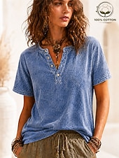  Per donna 100% cotone Maglia Henley Grafico Bandiera Semplice Vintage Moda Elegante Manica Corta Henley Top Regolari Casuale Spiaggia Blu Nero Viola Arancione Rosso rosa Estate Primavera