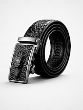 お買い得  メンズベルト-メンズ ブラック クロコダイル型押しレザー ドレスベルト、調節可能な自動バックルベルト、ビジネス、フォーマルウェア、ギフトに最適