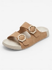 cheap Comfort Sandals-Women's Camel Wide Fit Arch Support Slide Sandals – Adjustable Double Buckle Comfort Walking Sandals with Cushioned Footbed, Wide Toe Box and Non-Slip Outsole for Travel and All-Day Comfort