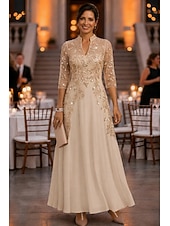 cheap Ankle Length-A-Line Ankle Length Mother of the Bride Dress 3/4 Length Sleeve V Neck Elegant Vintage Luxurious Formal Wedding Guest Wedding Party Chiffon Tulle with Beading Sequin Flower