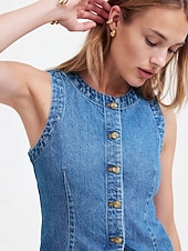 cheap Plain Tank-Women's Tank Top Tee Top denim-look Buttons Solid Color Vintage Fashion Sleeveless Sleeveless Crew Neck Regular Tops Casual Daily Blue Summer Spring