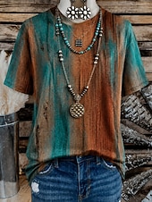 abordables T-shirt Boho-Camiseta de mujer estilo western boho con estampado floral, gráfico geométrico, vintage, elegante, informal, manga corta, cuello redondo, cuello en V, crop tops, casual, diario, fin de semana, verde