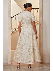 preiswerte Polished Edit-Damen A-Linie Cocktailkleid Kleid für Hochzeitsgäste Knöchellänge Revers Kurzarm Empire-Taille Elegant Vintage Mutter der Braut Formell mit Jacquard Gürtel Blumig Champagner