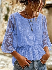  Women's Shirt Lace Shirt Blouse Lace Embroidered Solid Color Floral Graphic Elegant Stylish Casual Half Sleeve Batwing Sleeve Crew Neck Regular Tops Casual Daily Holiday Blue Khaki White Pink Grey