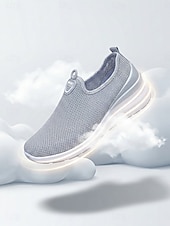 abordables Zapatillas de mujer-Zapatillas de mujer grises transpirables de malla, sin cordones, para caminar: zapatillas ligeras con cuña para viajar, pasear en verano y para uso casual.