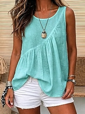  Damen Gewaschene Baumwolle Camisole-Tanktop Gerafft Textur Asymmetrisch Einfarbig Einfach Retro Vintage Ärmellos Rundhalsausschnitt Lange Oberteile Lässig Weiß Hellgrün Sommer Frühling