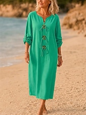 cheap Plain Dress-Women's Midi Dress Beach Dress Elegant Vacation Fashion Daily Outdoor Beach Loose Fit Plain Short Sleeve V Neck Neon Green Black Yellow Army Green Spring