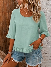 abordables Camiseta lisa-Mujer Blusa Textura Volante Vintage Manga 3/4 Tops regulares Casual Gris azulado Negro Rosa Naranja Verde Trébol Verano Primavera