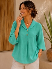 cheap Shirts-Women's Linen Shirts Blouse Solid Color Vintage Stylish Classic 3/4 Length Sleeve Peter Pan Collar Regular Tops Casual Daily Green Summer Spring