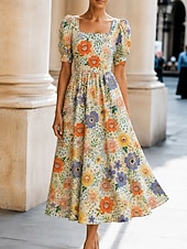 cheap Floral Dress-Women's Midi Dress Casual Dress A Line Dress Elegant Vacation Stylish Beach Holiday Regular Fit Floral Graphic Short Sleeve Square Neck Orange Apricot Summer Spring