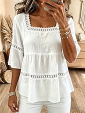  Women's Blouse Lace Trim Solid Color Vintage Stylish Classic 3/4 Length Sleeve Square Neck Regular Tops Casual Daily Blue White Pink Summer Spring