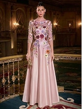 cheap A-Line Evening Dresses-A-Line Floor Length Evening Gown Elegant Vintage Floral 3/4 Length Sleeve Boat Neck Garden Party Wedding Satin Tulle with Embroidered Flower Pleats Embroidery