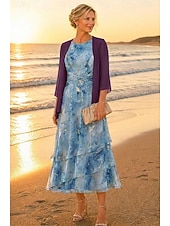 preiswerte Mamas Kleidersets-Zweiteilig A-Linie Knöchellänge Kleid für Hochzeitsgäste Brautmutterkleid Dreiviertelarm Rundausschnitt Elegant Einfach Lässig Formell Hochzeitsgast Familientreffen vereitelt Chiffon Mit Schal mit