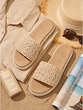 ieftine Sandale tip slide-Sandale damă din rafie țesută - sandale plate din paie, cu vârful deschis, stil boho, pentru vacanța de vară la plajă, sandale espadrile naturale