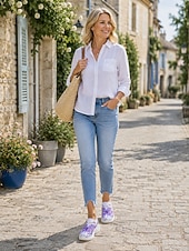 baratos Ténis de mulher-Tênis slip-on feminino roxo vibrante com estampa de borboletas - calçado esportivo leve com plataforma e detalhes em strass. &amp;Tênis casual de malha respirável, ideal para caminhadas leves e passeios