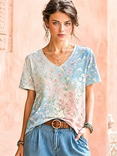 economico T-shirt floreale-Per donna Maglietta bohémien Top estivi Floreale Grafico Piante Elegante Bohemien Vintage Manica Corta Scollo a V Top Regolari Casuale Quotidiano Sportivo Blu Bianco / Rosa Albicocca rosa Estate