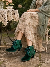  Grüne viktorianische Samt-Ankle-Boots für Damen, Schnürstiefel mit floraler Spitze und Kitten-Heel im Vintage-Stil für Partys, Cosplay und als Hochzeitsgast-Outfit