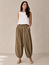 baratos Coleção de Linho Premium-Calça lanterna feminina de linho orgânico com cintura elástica e bolsos.