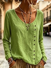  Women's Shirt Blouse Buttons Solid Color Daily Stylish Casual Long Sleeve Crew Neck Regular Tops Casual yellow-green Black White Navy Blue Sky Blue Summer Spring