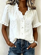 economico Top in Pizzo-Per donna Blusa Camicie ricamate Ricamato Floreale Elegante Moderno Manica Corta Scollo a V Top Regolari Casuale Quotidiano Ferie Bianco Estate Primavera