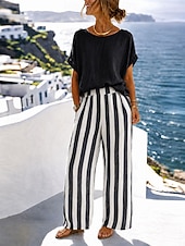  Conjunto feminino de duas peças: blusa lisa de gola redonda com mangas dolmã e calça palazzo de cintura alta e pernas largas com listras verticais. Ideal para o verão, férias e uso casual.