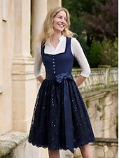 cheap Dirndl Dresses-Oktoberfest Dirndl Dress Midi Length Sequins Embroidered with Pockets Balconette Neckline Maid Bavarian German Alpine Wiesn Women's Carnival Beer Festival Traditional Style Cloth Without Blouse (70CM)