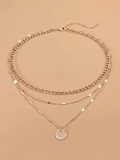 voordelige Dames ketting-Damesketting met ronde schijfhanger in goud-zilveren lagen, minimalistische meerlaagse ketting van legering, elegante ketting voor elke dag, geschikt voor vakantie, werk, feestjes en als cadeau.