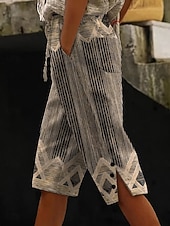  Damen Shorts aus Baumwollleinen Caprihose Urlaub Vintage Küsten-Oma-Stil Wadenlang Mittlere Taille Grafik Geometrisch Abstrakt Druck Komfort Unelastisch Täglich Outdoor Urlaub Weiß Dunkelbraun Beige