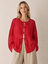 economico Collezione di Lino Premium-camicetta da donna 100% lino a maniche lunghe con bottoni, girocollo, vestibilità regolare, stile vintage, ideale per le vacanze, disponibile nei colori nero, rosa, rosso e verde, per l'estate e la primavera.