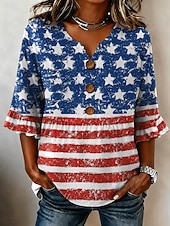  día de la independencia americana Mujer Blusa Retazos Botones Estampado Graphic Bandera estadounidense Vintage Elegante Media Manga Escote en Pico Tops regulares Casual Diario Festivos Azul Piscina