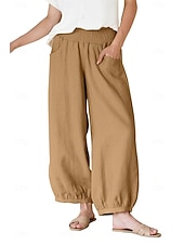 cheap Wide Leg &amp; High Waisted-Women's Wide Leg Cropped Pants Fashion Casual Ankle-Length Medium Waist Solid Color Pocket Comfort Casual Vacation Dark Brown Khaki Black Summer Spring Loose Fit