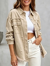  Blusa feminina estilo jeans com bolsos e botões, cor sólida, elegante, para férias, estilo vintage, manga longa com gola dobrada, modelo regular, casual, para uso diário, ao ar livre, nas cores preto, rosa, vermelho, cáqui, verde militar, para outono e in