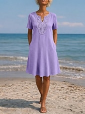  Dames Knielengte jurk Boho-jurk Kanten jurk Elegant Dagelijks Ruim Passend Effen Korte mouw V-hals Licht Blauw gebroken wit Paars Donkerblauw Zomer
