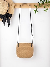 ieftine Genți de călătorie pentru vacanță-Geantă crossbody boemă pentru femei din paie, geantă de umăr țesută de vară cu curea de umăr reglabilă în culorile fildeș și kaki, geantă ușoară pentru vacanță, călătorii, brunch și purtare zilnică